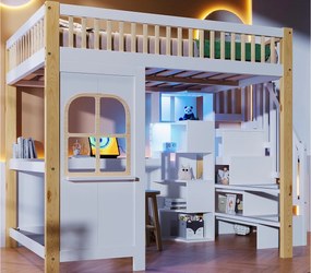 Łóżko na antresoli 140x200 cm - z oświetleniem LED - z drabiną schowkową - z biurkiem + gniazdkiem - kolor biały + naturalny (materac nie jest dołączony)