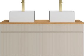 Wisząca szafka łazienkowa prążkowana beżowa z nablatową umywalką kwadratową i baterią – 120 cm – SATARA