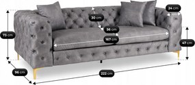 Sofa SORRENTO 3S Trzyosobowa Szara Welurowa Nowoczesna Glamour