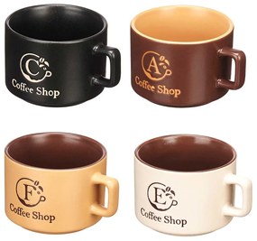 Zestaw 4 ceramicznych kubków na metalowym stojaku COFFEE SHOP, 180 ml