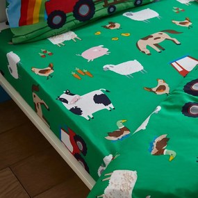 Zielone prześcieradło dziecięce dwuosobowe z gumką 135x190 cm Farmyard Animals – Catherine Lansfield