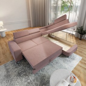 Masseno Narożnik ALVORO z funkcją spania i pojemnikiem na pościel Narozniki L, Rozkładana sofa - Pudrowy róż, MATT VELVET 61