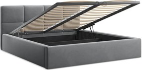 Ciemnoszare aksamitne tapicerowane łóżko dwuosobowe ze schowkiem ze stelażem 140x200 cm Hiko – Makamii
