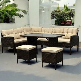 Duży zestaw mebli ogrodowych z narożnikiem Cuba 079 brąz, poduszki beżowe