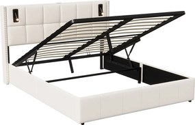Łóżko z pojemnikiem 160x200 cm z podstawą, Łóżko tapicerowane z portem USB i Type-C, LED, Aksamit, Beż