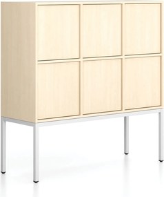 Szafa biurowa FRAME, niska, podstawa biała, 6x drzwi, 1299 x 450 x 1331 mm, PUSH-lock, brzoza