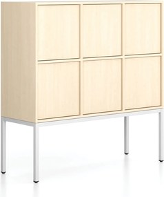 Szafa biurowa FRAME, niska, podstawa biała, 6x drzwi, 1299 x 450 x 1331 mm, PUSH-lock, brzoza