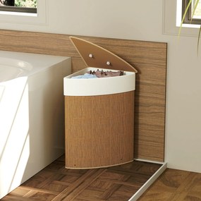 HOMCOM Kosz na pranie w kształcie narożnym z plecionki bambusa, 55 litrów, worek na ubrania, metalowa rama, Brązowy