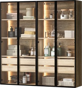 Zestaw 2 mebli łazienkowych z diodami LED - 148 x 36 x 155 cm - 4 duże szuflady i 4 drzwi szklane - drewno MDF - naturalny