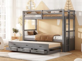 Łóżko piętrowe dla dzieci z łóżkiem wysuwanym dla 3 osób - 90 x 200 cm - 3 szuflady - sosna i płyta MDF - szare