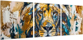 Obraz - Abstrakcyjny obraz olejny z lwem (z zegarem) (90x30 cm)