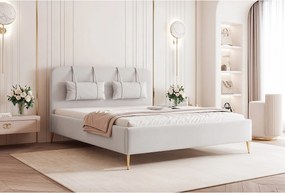 BESILIO Łóżko na złotych nogach 160x200 Monti II - Łóżko slim, ozdobne poduszki ściągane, metalowe nogi, ze stelażem i pojemnikiem na pościel- Jasnoszary