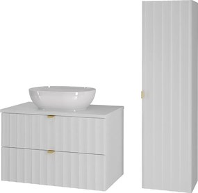 Biały Zestaw Łazienkowy 80cm Szafka z Blatem Umywalka Słupek Ryflowane Fronty Arcos