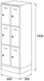 Alfa 3 Szafka skrytkowa na cokole, 6 schowków, 1920 x 600 x 500 mm, zamek obrotowy, drzwi szare