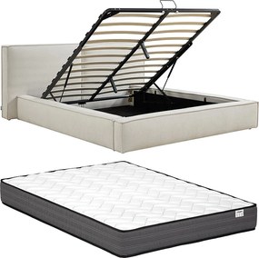 Łóżko ze skrzynią 160 x 200 cm - Tkanina - Beżowe + Materac - TAVESO