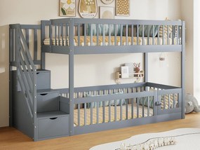 Łóżko piętrowe 90×200 cm - z drabiną bezpieczeństwa - z 3 szufladami - szare (materac nie jest zawarty)