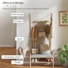 HOMCOM Garderoba z Ławką na Buty, Drążkiem na Ubrania, 10 Haczykami, Półką na Buty, Bambus
