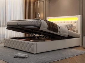 Łóżko ze schowkiem i zagłówkiem - 140 x 200 cm - skóra ekologiczna - LED - stelaż z listew - styl nowoczesny - białe