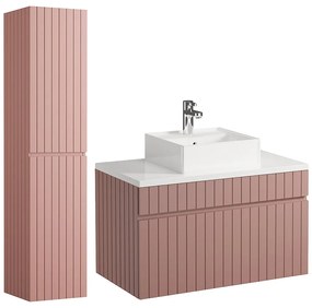 Wisząca szafka łazienkowa w kolorze różowym z prążkowaną fakturą, z umywalką nablatową i słupkiem – 80 cm – SATARA