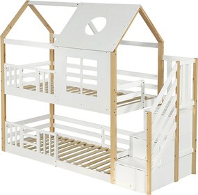 Łóżko piętrowe z drewna sosnowego i MDF - z schodami do przechowywania - 90x200 cm - Białe i Naturalne