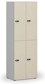 Drewniana szafka skrytkowa S4, 4 schowki, demontaż, zamek mechaniczny z kodem, szary/brzoza