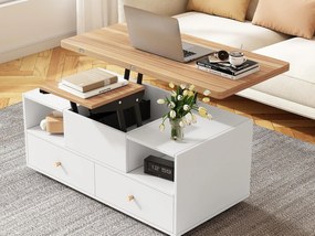 Stolik kawowy 100×50×47.5 cm - z funkcją składania - 4 szuflady - z obrotowymi kółkami - biały + naturalny