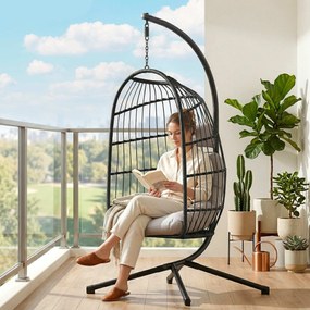 Outsunny Fotel wiszący z ramą, składany, kosz z Polyrattanu z poduszkami, pas bezpieczeństwa, podgłówek, paski, regulowana wysokość | Aosom PL