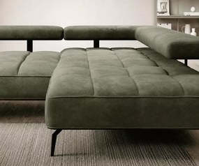 Nowoczesny narożnik Nalik L z eleganckimi przeszyciami oraz zagłówki na metalowych uchwytach