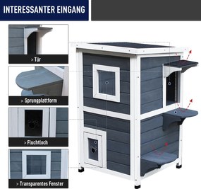 PawHut Elegancka Willa dla Kota z Drewna Sosnowego 2 Poziomy z Łatwym Dostępem i Oknami