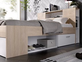 Łóżko ze skrzynią i szufladami - 160 x 200 cm - Kolory: naturalny i biały + Stelaż - LEANDRE