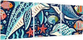 Obraz – Rysowane zwierzęta wodne (z zegarem) (90x30 cm)