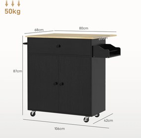 HOMCOM Wózek kuchenny z szufladą, szafką, relingiem na ręcznik, 106 x 42 x 87 cm, czarny/dąb | Aosom PL