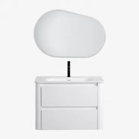 Zestaw Mebli Łazienkowych Z Drewna Z Wbudowaną Umywalką Egerton Biała & Owalna Lampa Led I Przeciwmgielna 100x65 Cm - Sklum