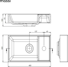 Umywalka z konglomeratu blatowa prostokątna biała NAVI | Różne rozmiary | Z otworem na baterię lub bez : Otwory na baterię - Jeden otwór, Rozmiar - 40 x 22 cm