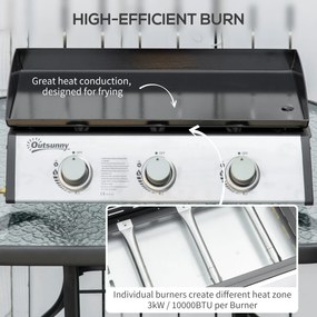 Outsunny Grill Gazowy z 3 Palnikami, Wężem, Antyadhezyjną Płytą Grillową, Stal Nierdzewna, Kolor: Srebrny, 63 x 48 x 21 cm