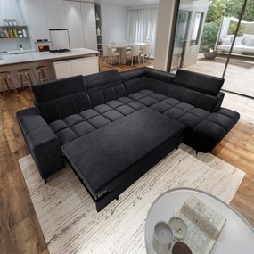 Masseno Narożnik MORIVA z funkcją spania i pojemnikiem na pościel Narozniki L, Rozkładana sofa - Czarny, MONOLITH 95