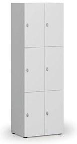 Drewniana szafka skrytkowa S4, 6 schowków, demontaż, zamek obrotowy, szary/biały