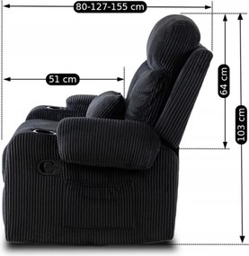 Fotel Rozkładany z Podnóżkiem TORRES Czarny Sztruksowy Nowoczesny