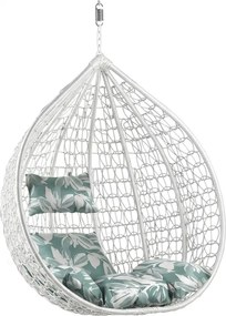 Białe wiszące krzesło KOKON bez stojaka, zielono-biała poduszka