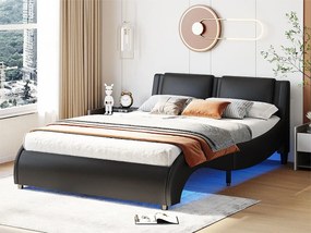 Łóżko podwójne z ekoskóry 140x200cm z LED i stelażem na listwach - Czarne