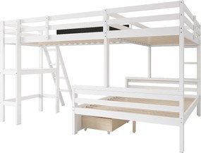 Łóżka piętrowe 140 x 200 cm + 2 x 90 x 200 cm z biurkiem i 2 szufladami - Drewno lite - Białe (bez materaca)