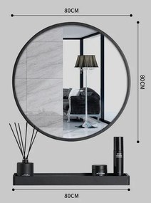 Czarne okrągłe lustro 80 cm z półką do łazienki - Traves