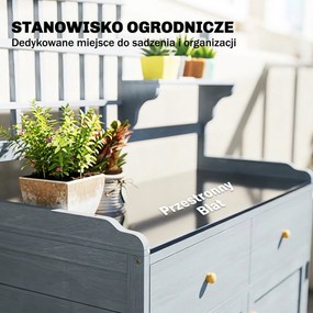 Outsunny Stół do sadzenia z szafką na zewnątrz, drewno, szafka ogrodowa z ocynkowaną powierzchnią roboczą, 2 szuflady, 104x44x140 cm jasnoszary | Aosom PL