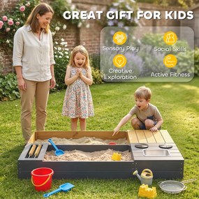 AIYAPLAY Piaskownica 2-częściowa 150x90 cm drewniana z siedziskiem, schowkiem, płytą grzewczą, wyjmowanym zlewozmywakiem i koralikami abakusa, żółta | Aosom PL