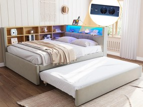 Kanapa rozkładana 140x200 - z łóżkiem wysuwanym 90x190 cm - z gniazdem USB - liczne schowki - tapicerowane łóżko - Jasnoszary (materac nie jest w zestawie)