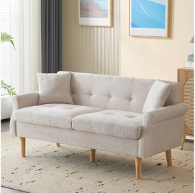 Sofa 2-osobowa z podłokietnikami i poduszkami, beżowy szenil, drewniane nogi - do salonu i sypialni