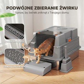 PawHut Kuweta dla kota XXL ze stali nierdzewnej 130L z pokrywą otwieraną 180°, wysokimi ściankami, łopatką i stopniem, 70x50x43 cm, szara | Aosom PL