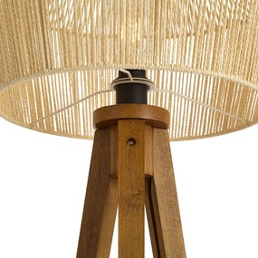 Lampa podłogowa drewniana vintage z brązowym abażurem z papierowego sznurka 50/50/30 - Tripod Classic