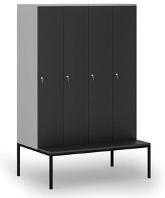 Drewniana szafa ubraniowa S4 z ławką, 4-drzwiowa, 1871 x 1200 x 500/800 mm, demontaż, zamek cylindryczny, szary/grafitowy