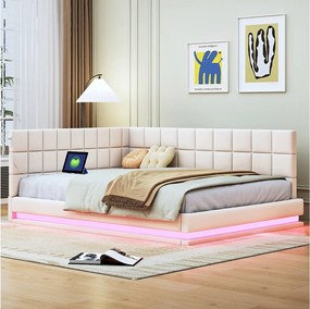 Łóżko tapicerowane 140 x 200 cm, sofa rozkładana z miękkim wezgłowiem - listwa świetlna LED, gniazdo USB - tkanina aksamitna - beż (bez materaca)